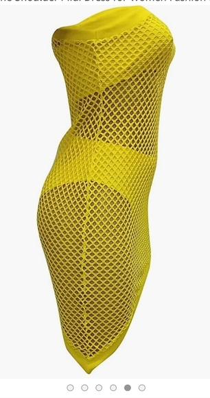 Allasfun Sexy Fishnet Mesh One Shoulder Midi Dress in Yellow  Size L - Picture 3 of 8